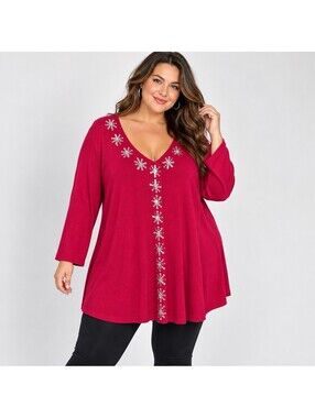 Bella Pop Leen 28/30 Pink Sequin Beaded Tunic Bamboo Cotton Plus Size Boho Y2K